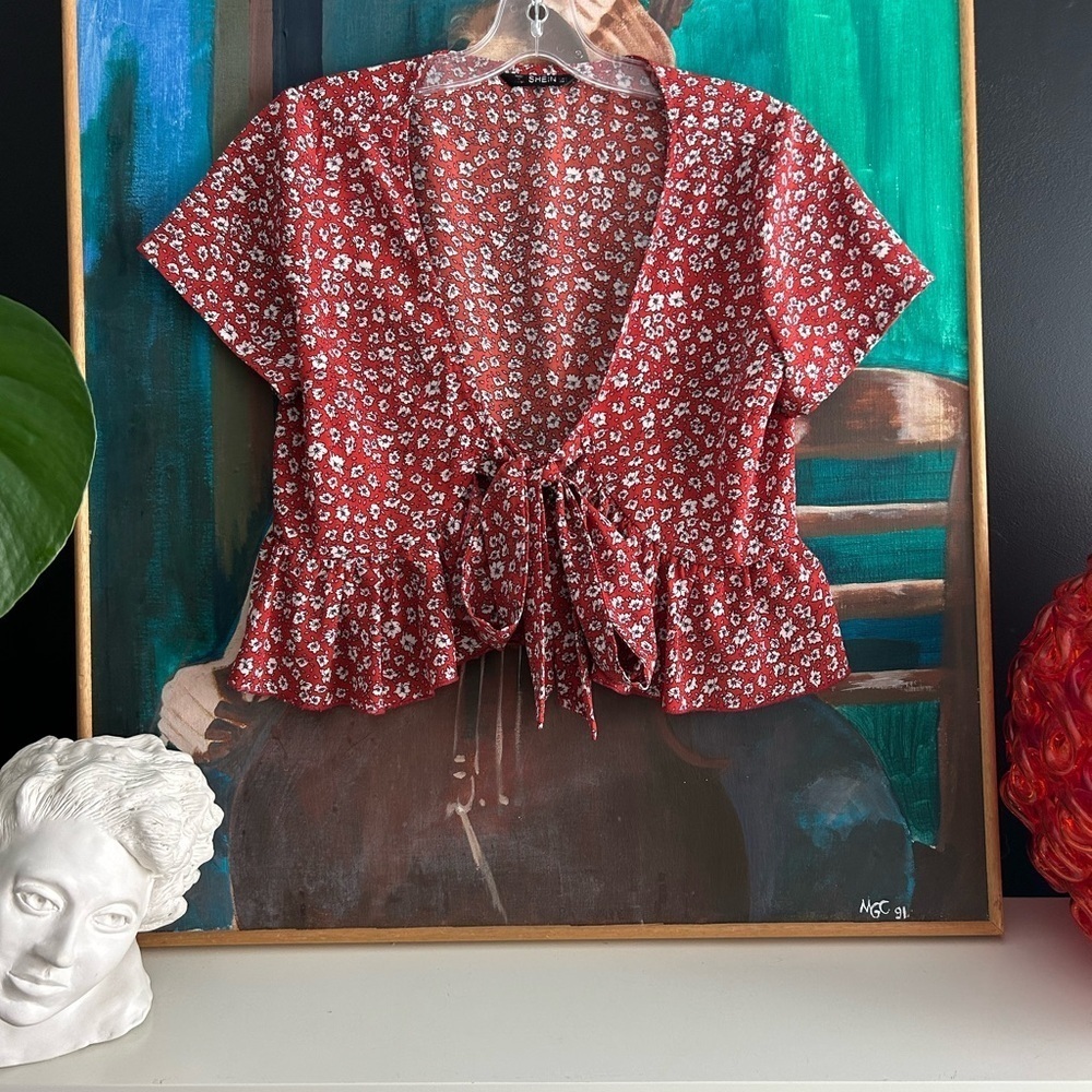 SHEIN Red Floral Tie Front Peplum Blouse Women’s Boho Cottagecore Crop Top - Picture 12 of 15